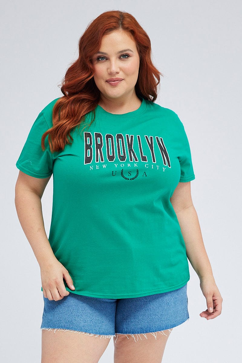 Green Graphic T-Shirt Brooklyn Short Sleeve Cotton For Women By You And All