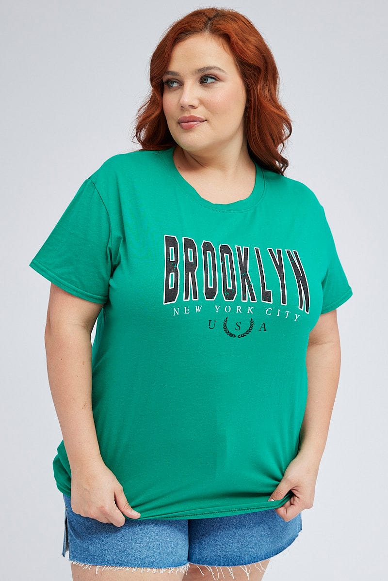 Green Graphic T-Shirt Brooklyn Short Sleeve Cotton For Women By You And All