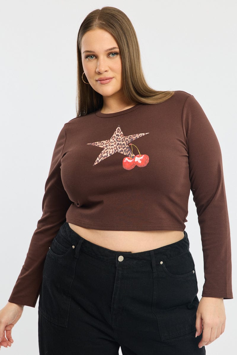 Brown Graphic Top Long Sleeve Crew Neck