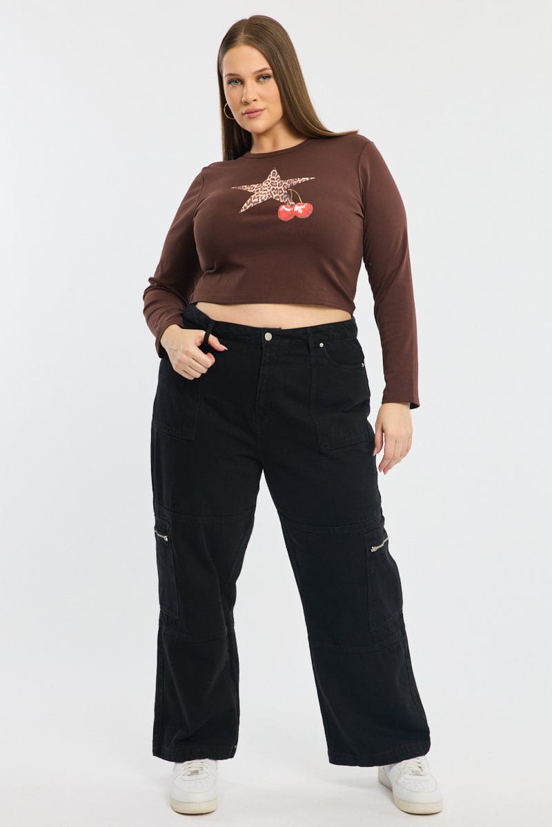 Brown Graphic Top Long Sleeve Crew Neck