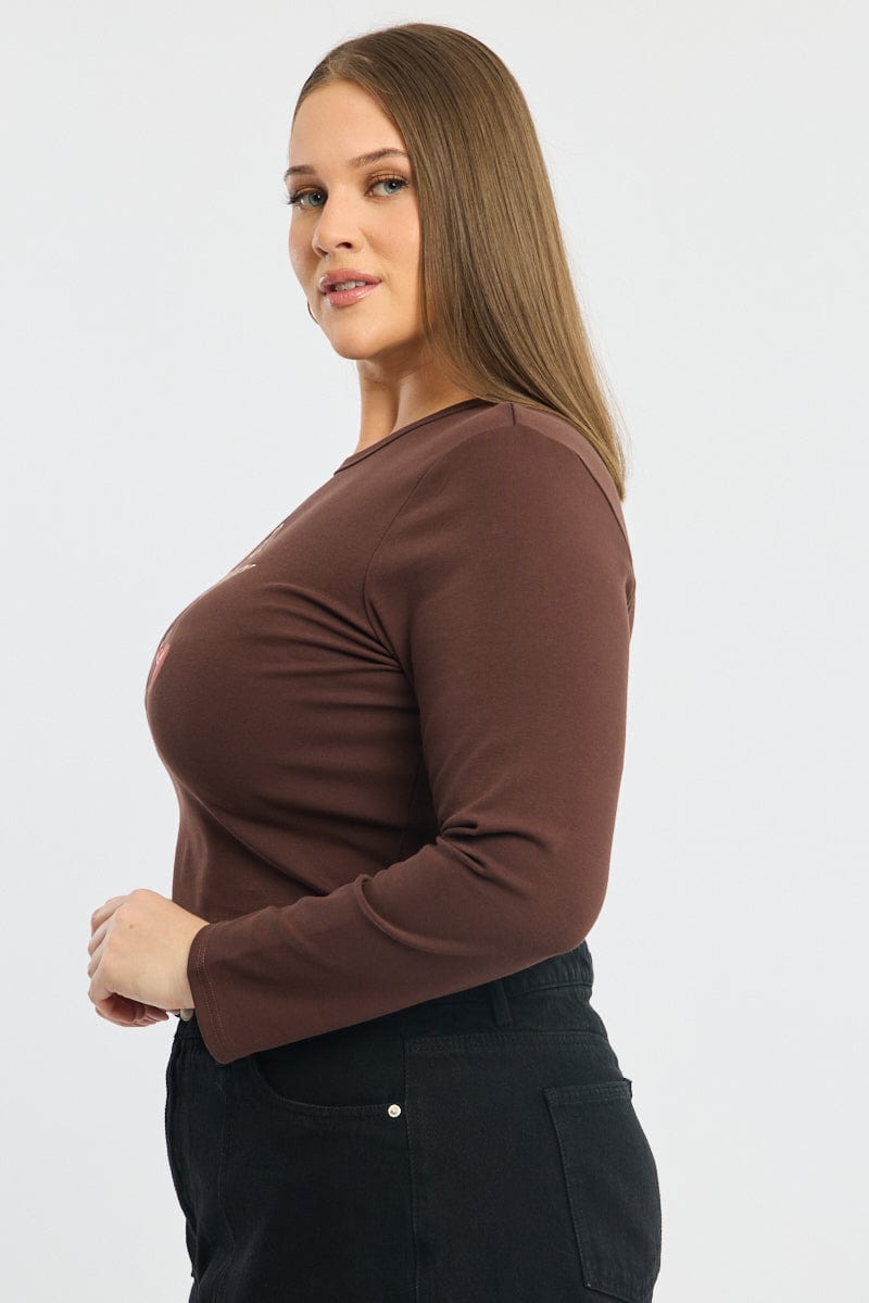 Brown Graphic Top Long Sleeve Crew Neck