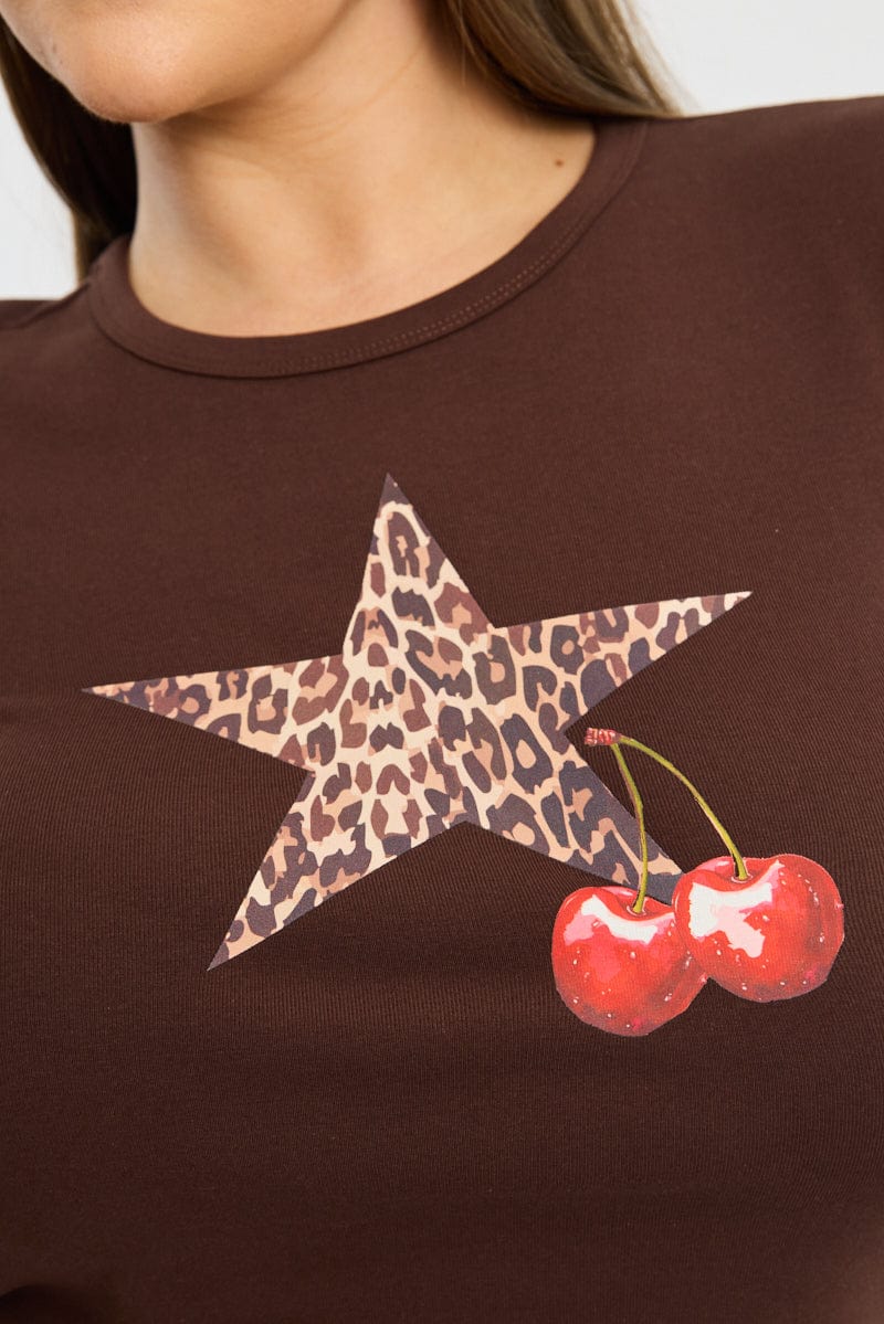 Brown Graphic Top Long Sleeve Crew Neck