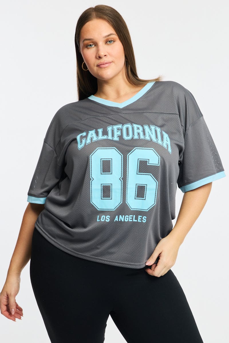 Grey Graphic T-shirt Short Sleeve V-neck