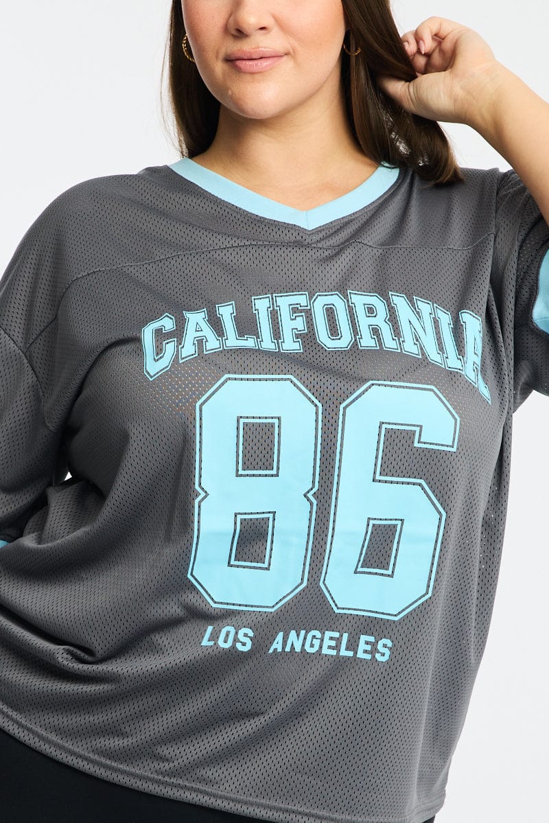 Grey Graphic T-shirt Short Sleeve V-neck