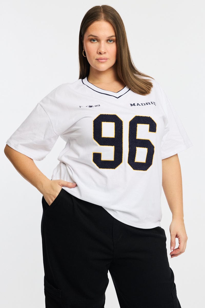White Graphic T-shirt Short Sleeve V-neck