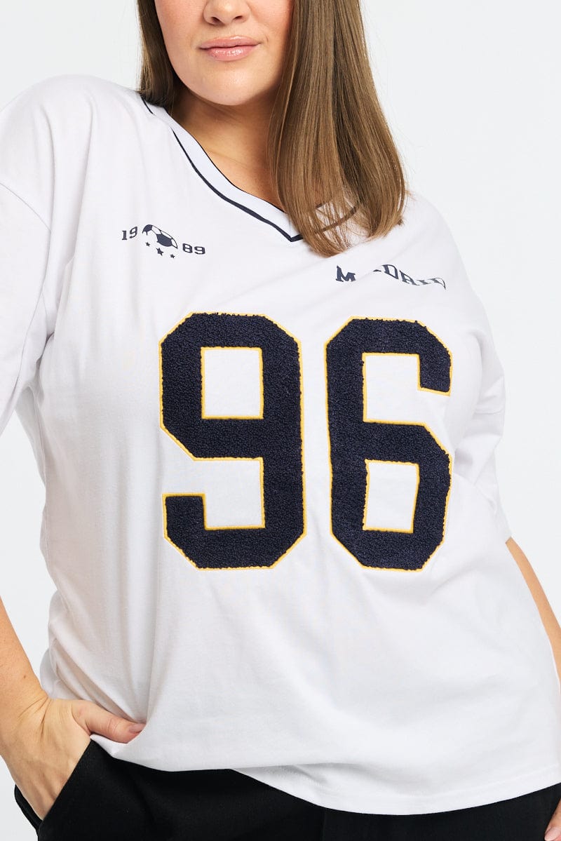 White Graphic T-shirt Short Sleeve V-neck