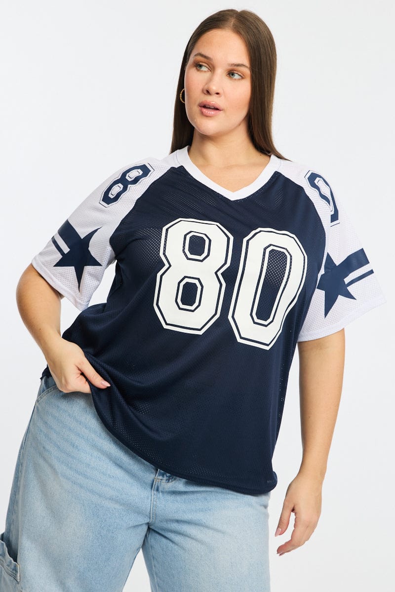 Blue Graphic T-shirt Short Sleeve V-neck
