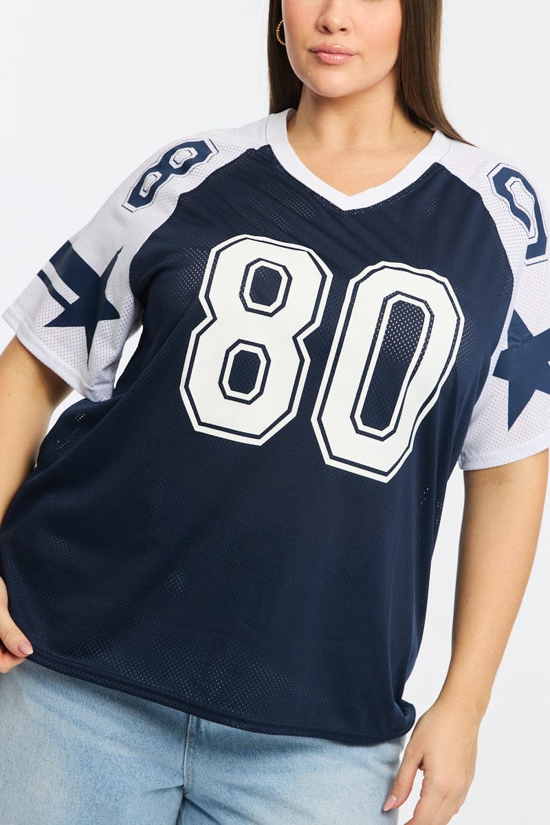 Blue Graphic T-shirt Short Sleeve V-neck