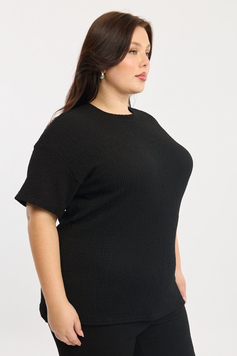 Black Textured Top Short Sleeve Crew Neck