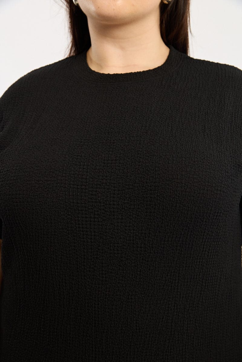 Black Textured Top Short Sleeve Crew Neck