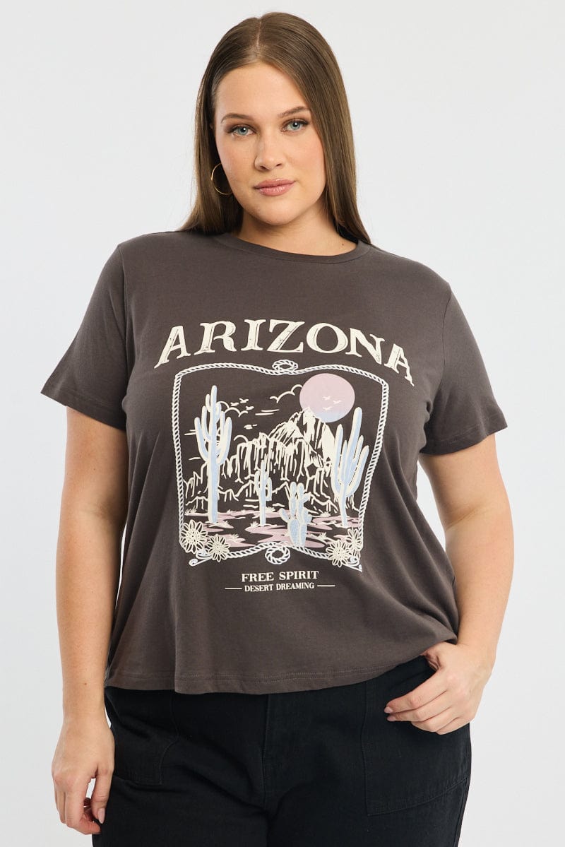 Grey Graphic T-shirt Short Sleeve Crew Neck