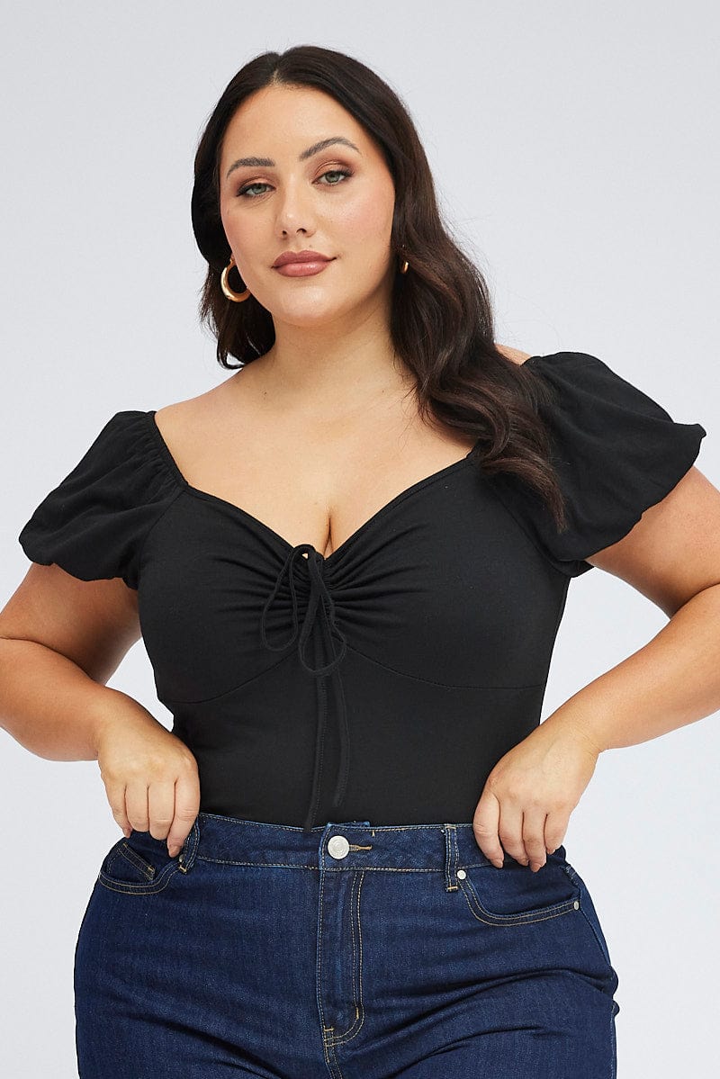 Black Top Off The Shoulder Puff Sleeve Tie Up For Women By You And All