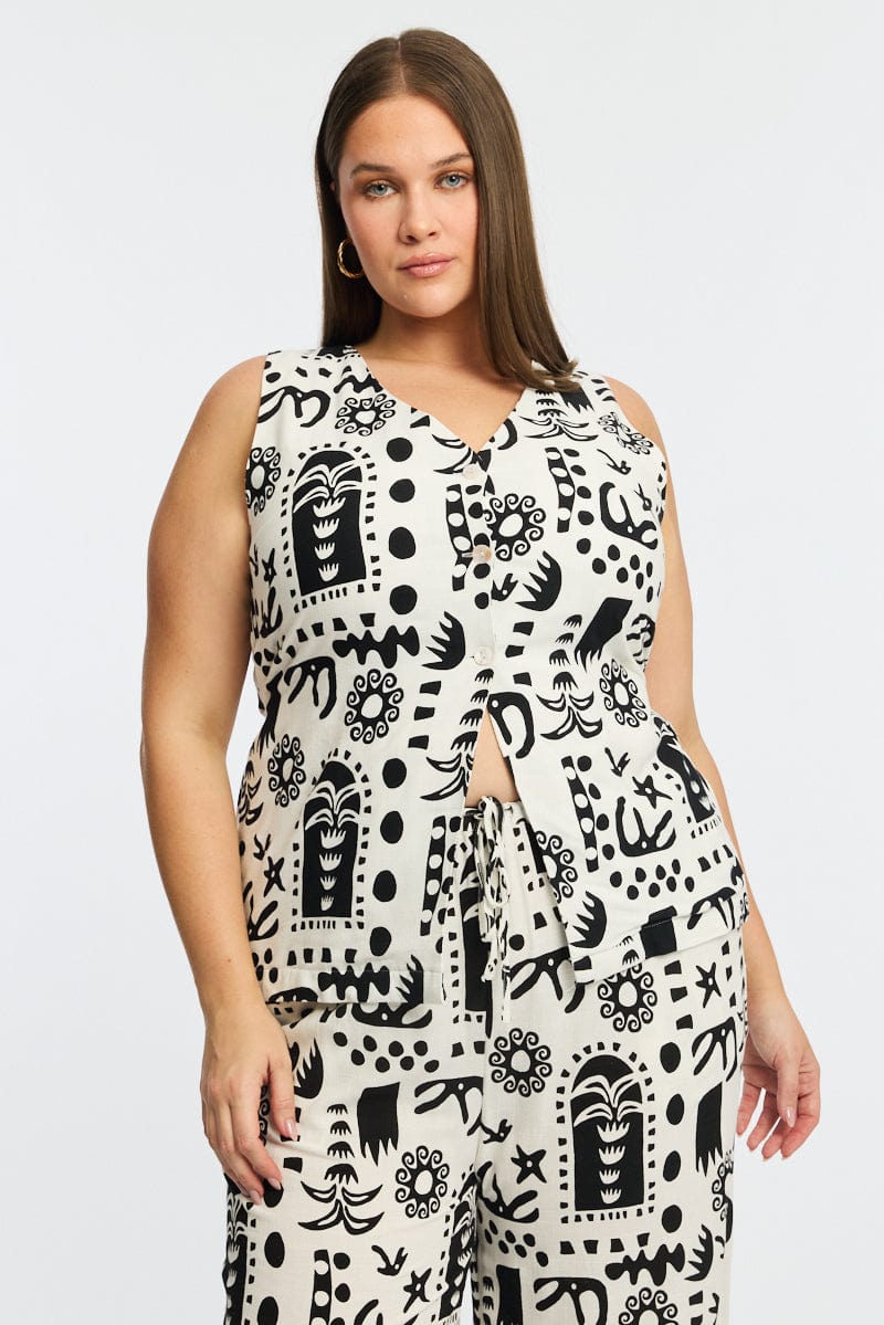 White Abstract Longline Vest V-neck