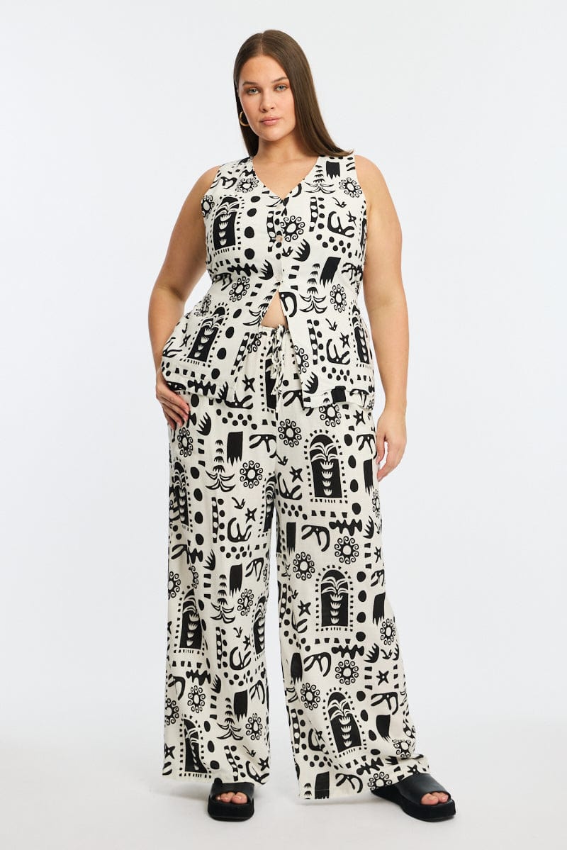 White Abstract Longline Vest V-neck