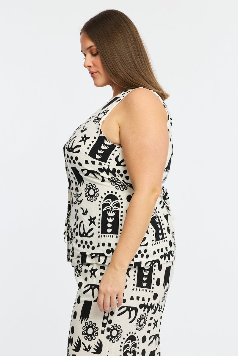 White Abstract Longline Vest V-neck