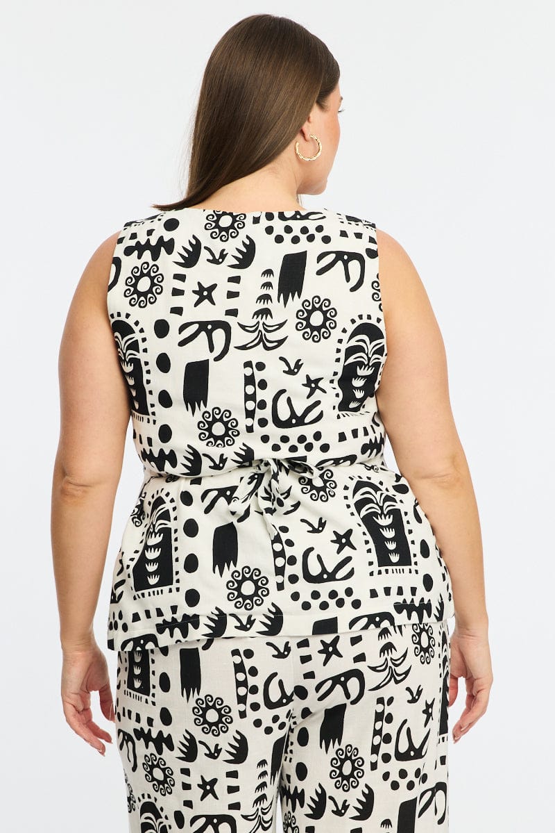 White Abstract Longline Vest V-neck