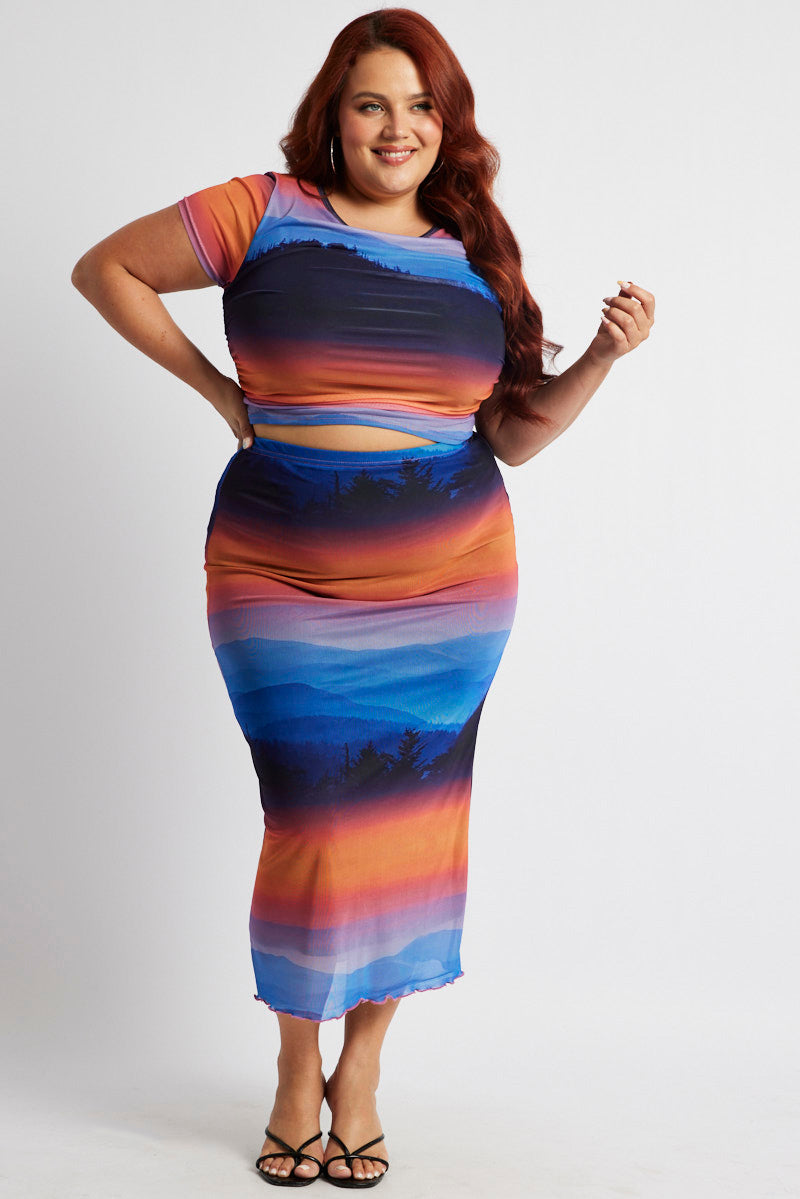 Multi Abstract Mesh Bodycon Landscape Skirt