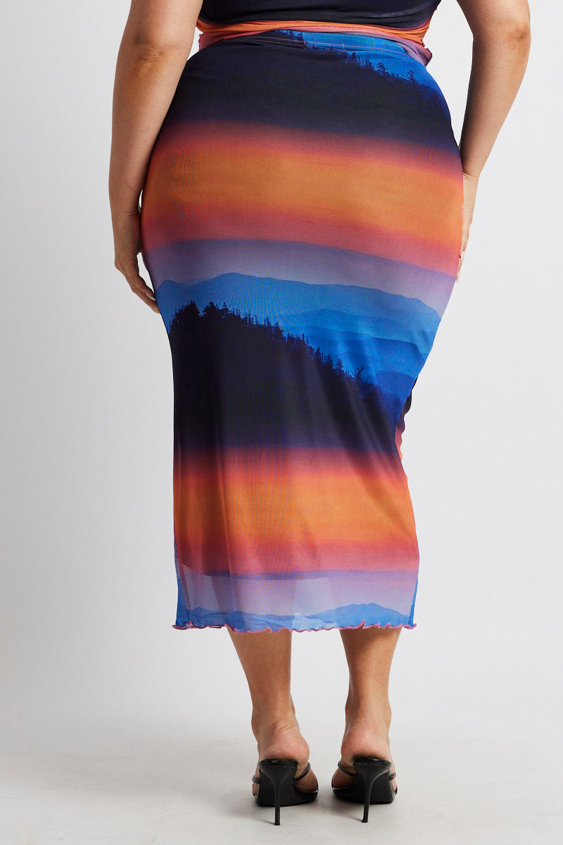 Multi Abstract Mesh Bodycon Landscape Skirt