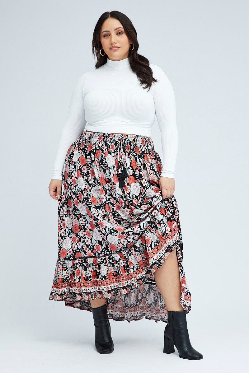 Boho Print Elastic Waist Frill Hem Midi Skirt for You and All Fashion