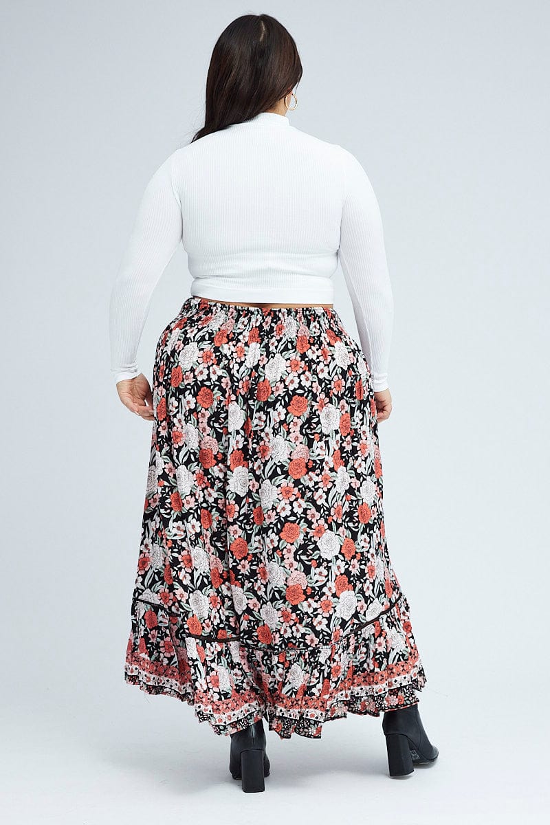 Boho Print Elastic Waist Frill Hem Midi Skirt for You and All Fashion