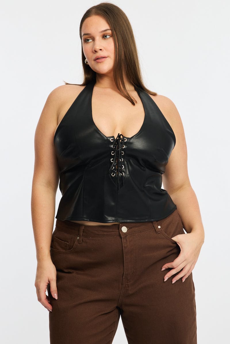Black Faux Leather Top Halter Neck You All - Main Image