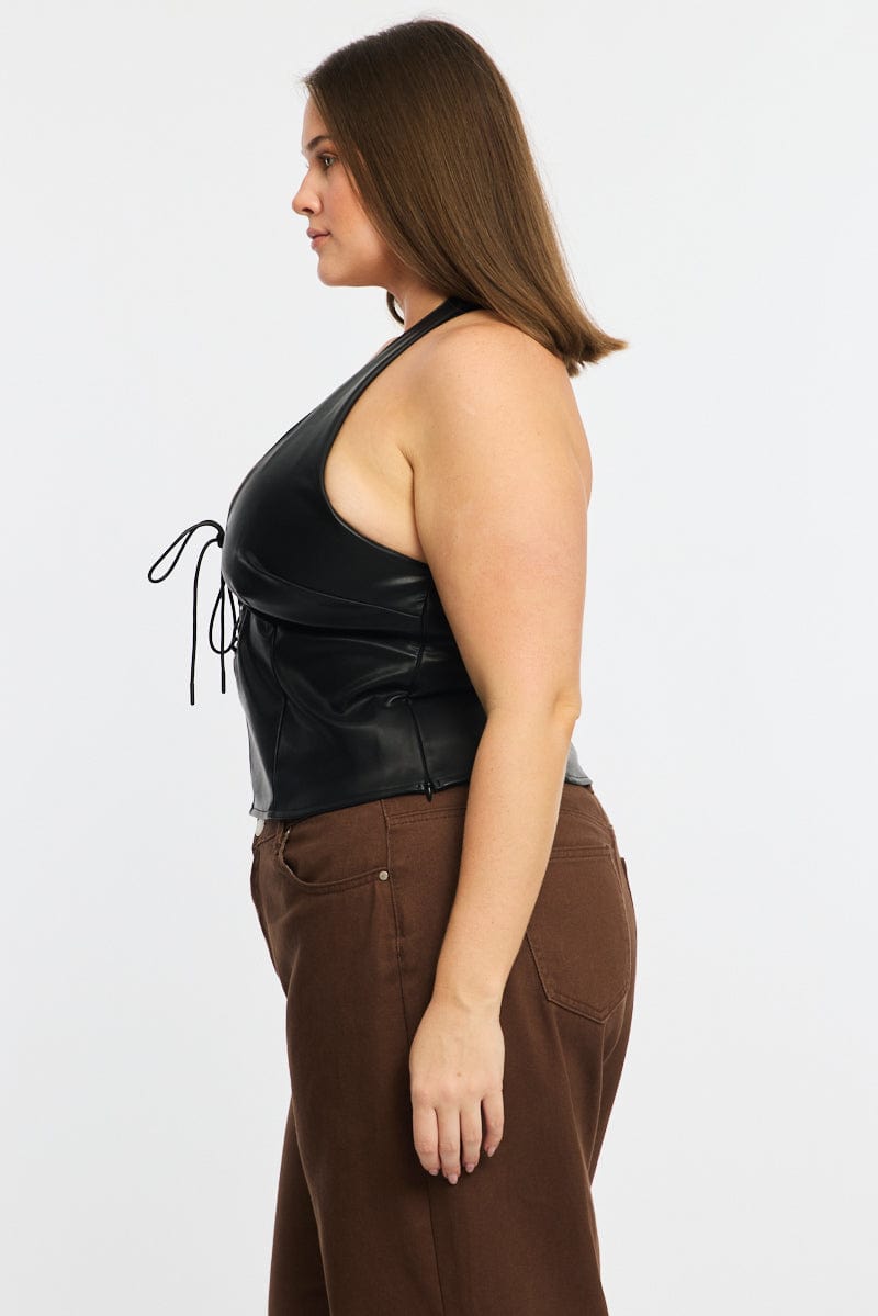 Black Faux Leather Top Halter Neck