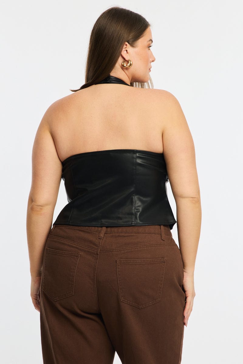 Black Faux Leather Top Halter Neck