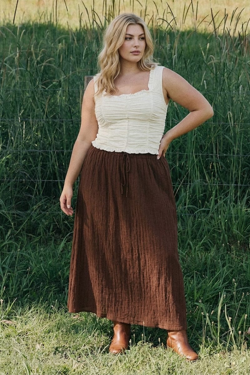 Brown Midi Skirt Textured