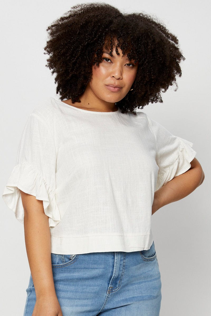 White Shell Top Short Sleeve Linen Blend Frill