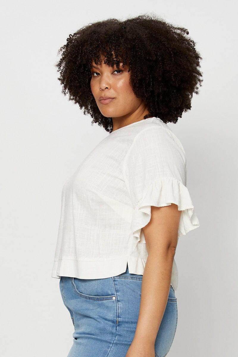 White Shell Top Short Sleeve Linen Blend Frill