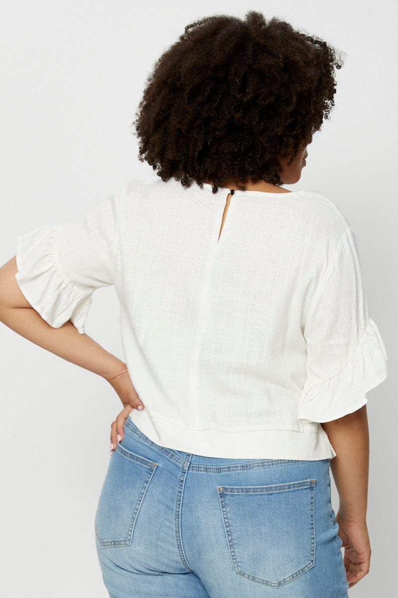 White Shell Top Short Sleeve Linen Blend Frill