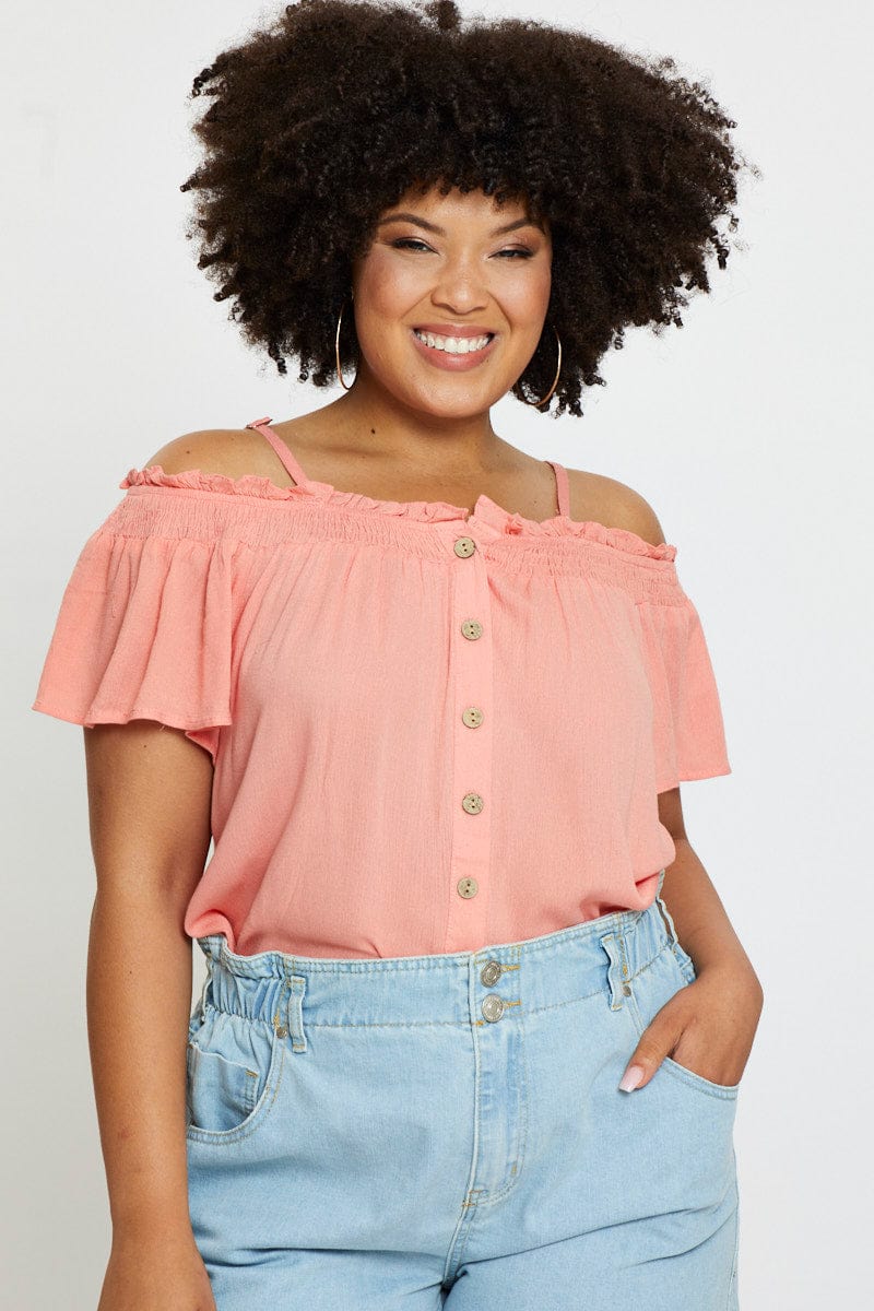 Orange Off Shoulder Top Peach Short Sleeve Button Front