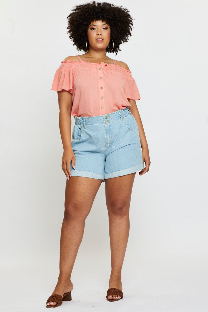 Orange Off Shoulder Top Peach Short Sleeve Button Front