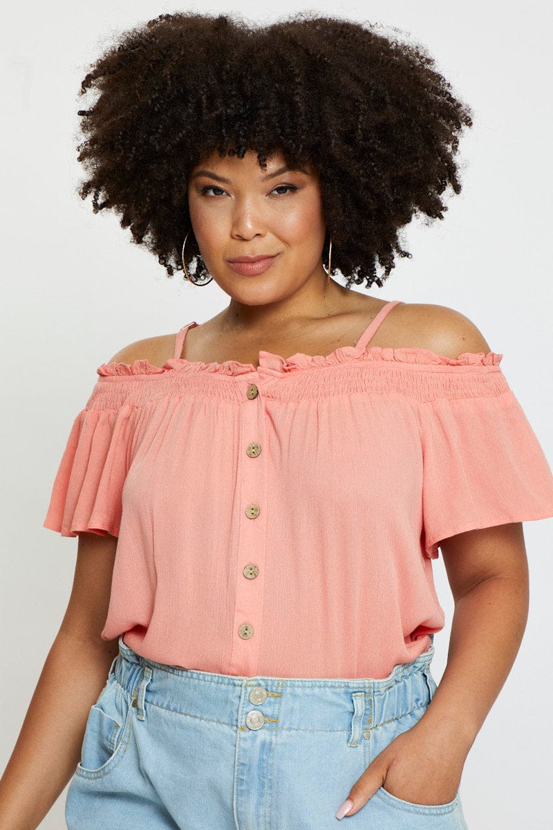 Orange Off Shoulder Top Peach Short Sleeve Button Front