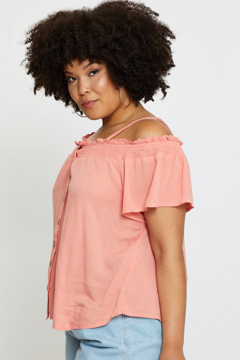 Orange Off Shoulder Top Peach Short Sleeve Button Front