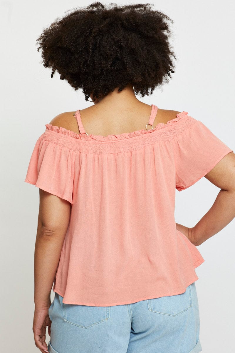 Orange Off Shoulder Top Peach Short Sleeve Button Front