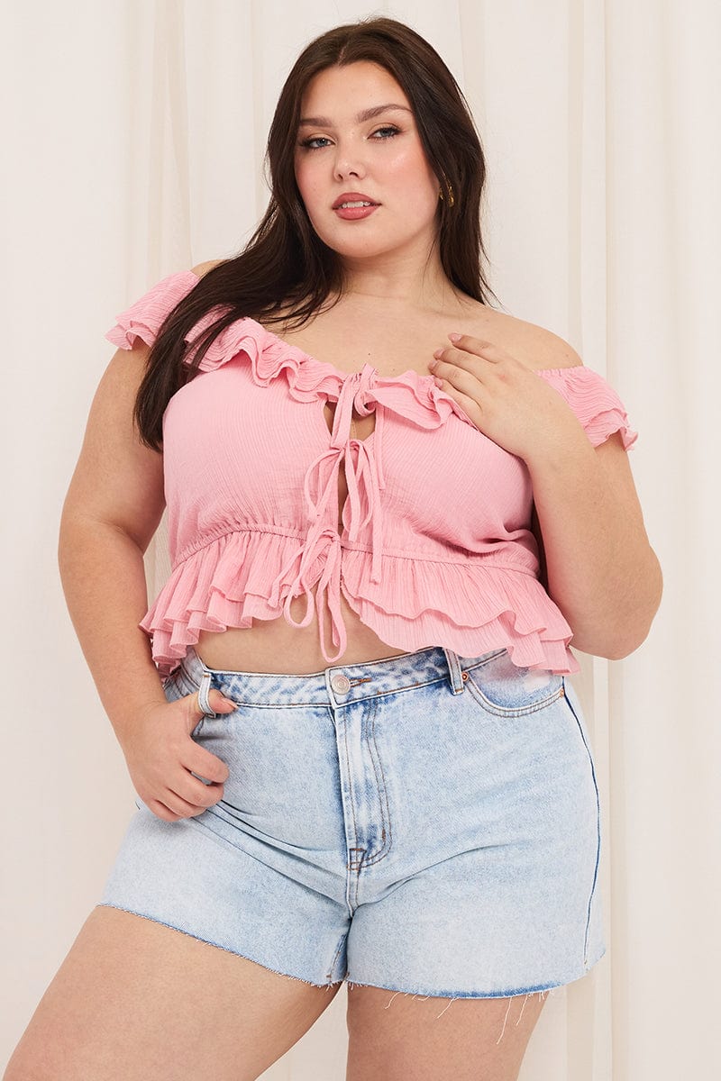 Pink Crop Top Off Shoulder Tie Front Ruffle