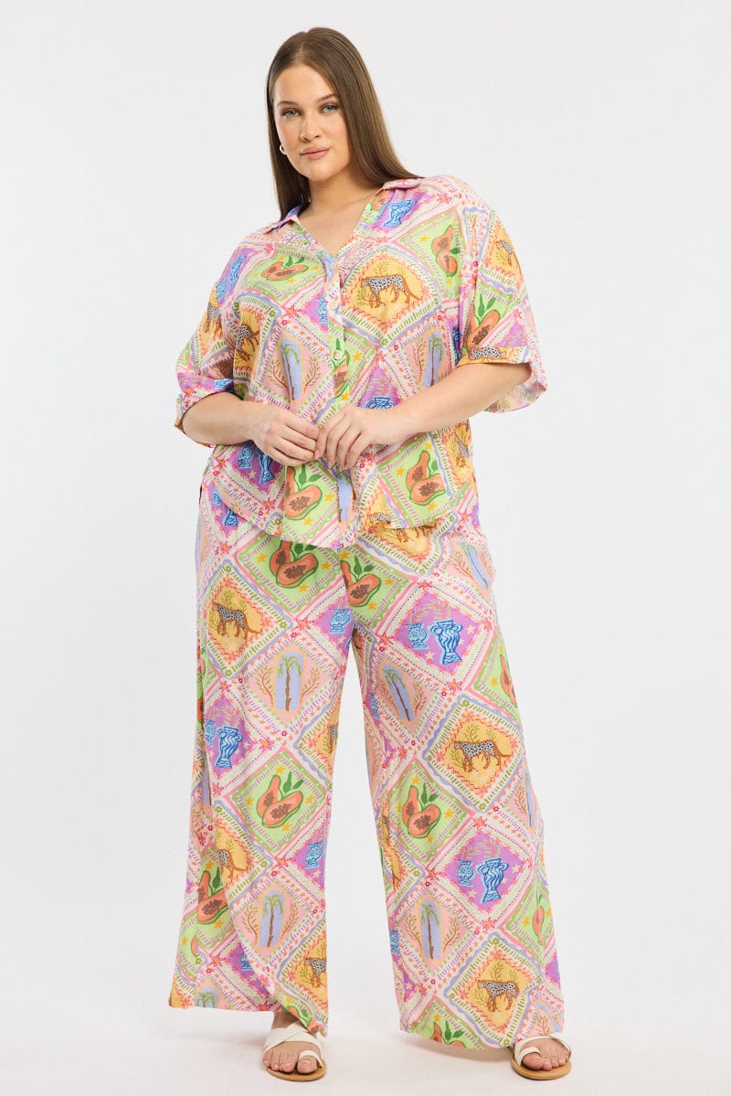 Multi Abstract Relaxed Shirt Short Sleeve Textured