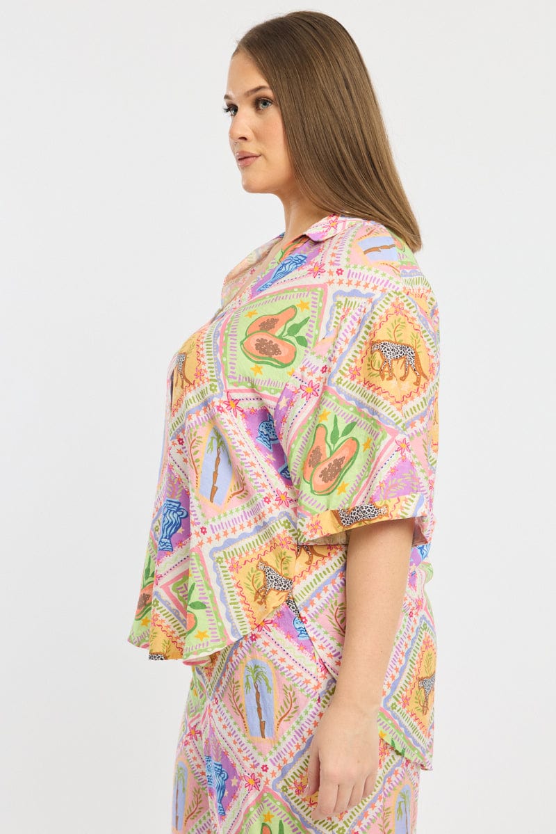 Multi Abstract Relaxed Shirt Short Sleeve Textured