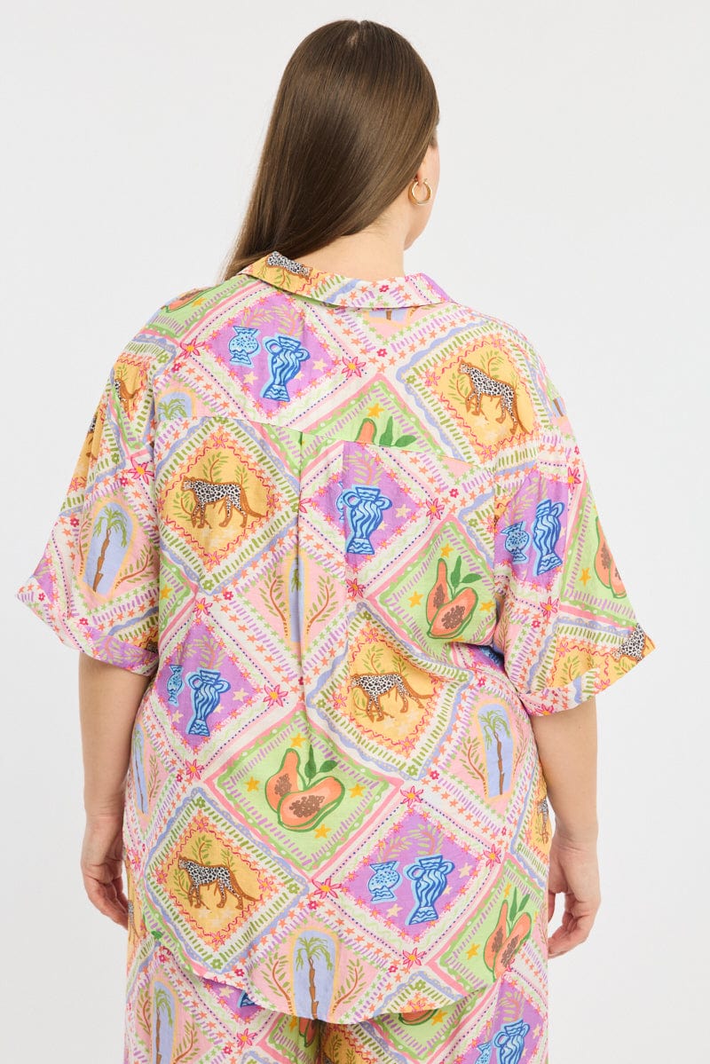 Multi Abstract Relaxed Shirt Short Sleeve Textured