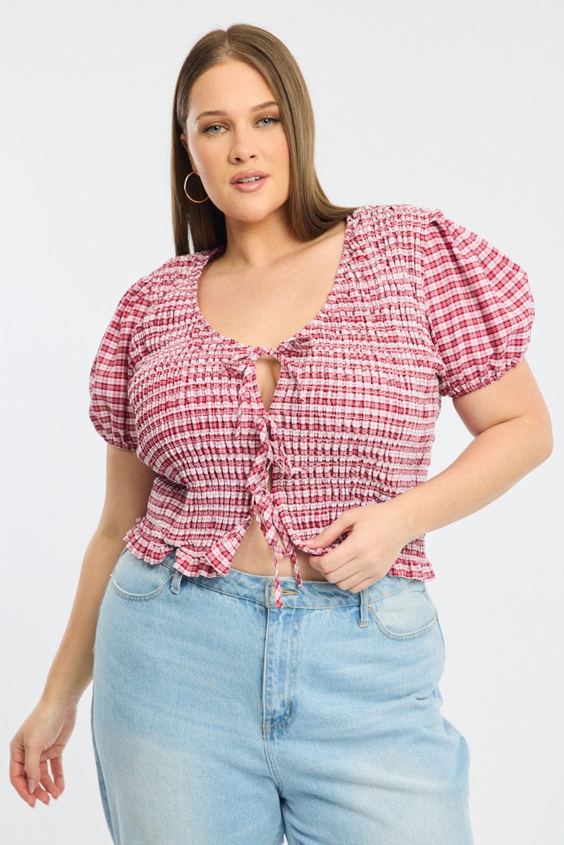 Red Check Shirred Top Short Sleeve Tie Front
