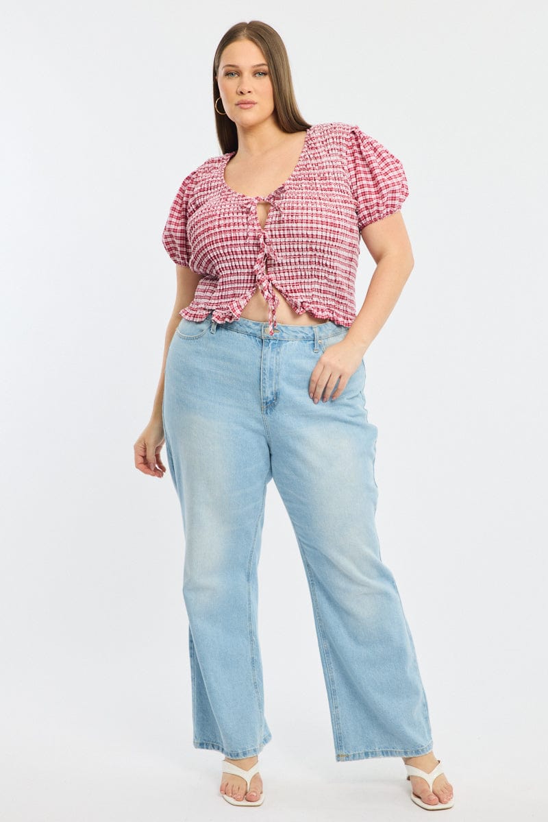 Red Check Shirred Top Short Sleeve Tie Front