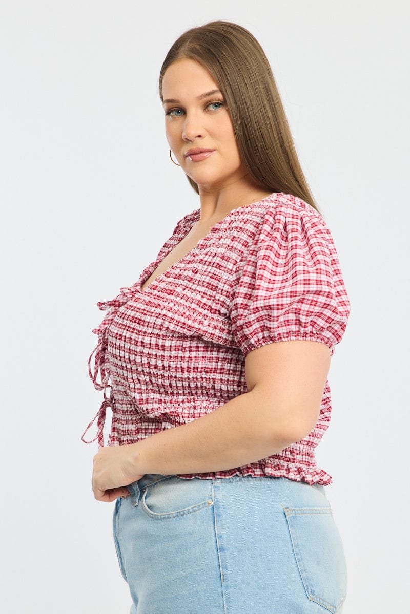 Red Check Shirred Top Short Sleeve Tie Front