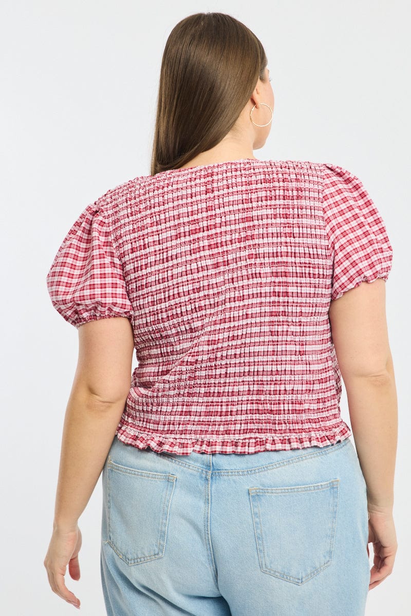 Red Check Shirred Top Short Sleeve Tie Front