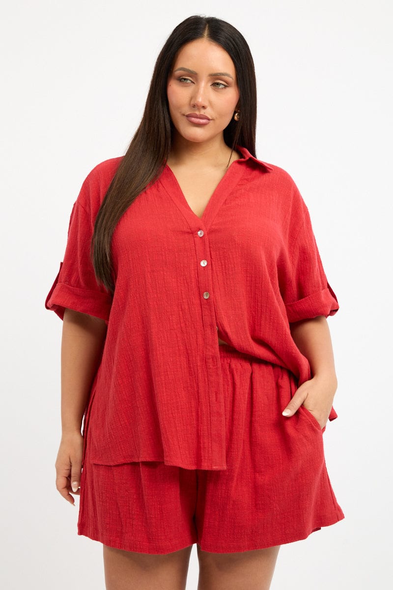 Red Relaxed Shirt Short Sleeve