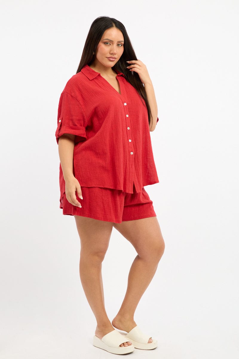 Red Relaxed Shirt Short Sleeve
