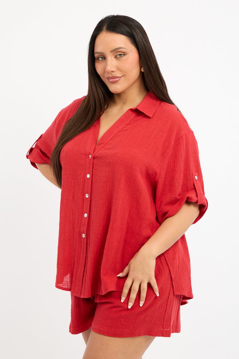 Red Relaxed Shirt Short Sleeve