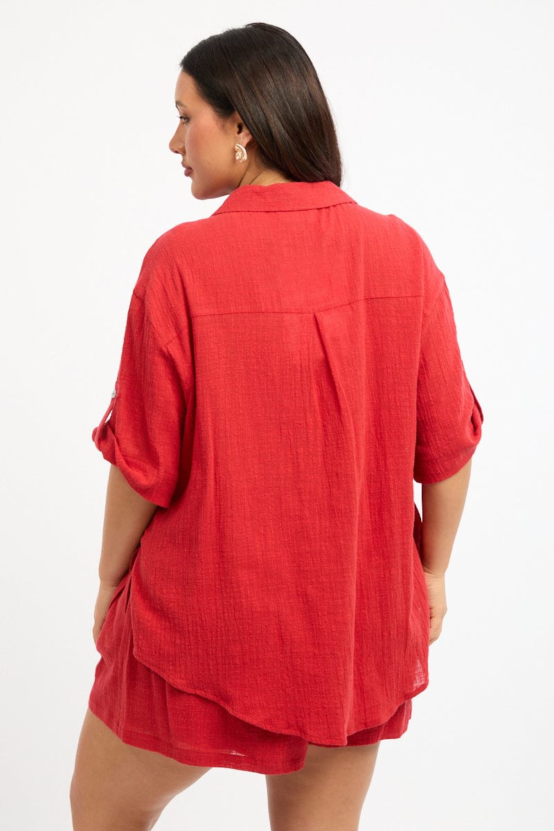 Red Relaxed Shirt Short Sleeve
