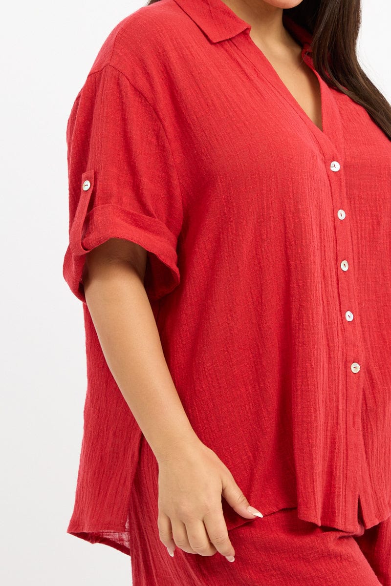 Red Relaxed Shirt Short Sleeve
