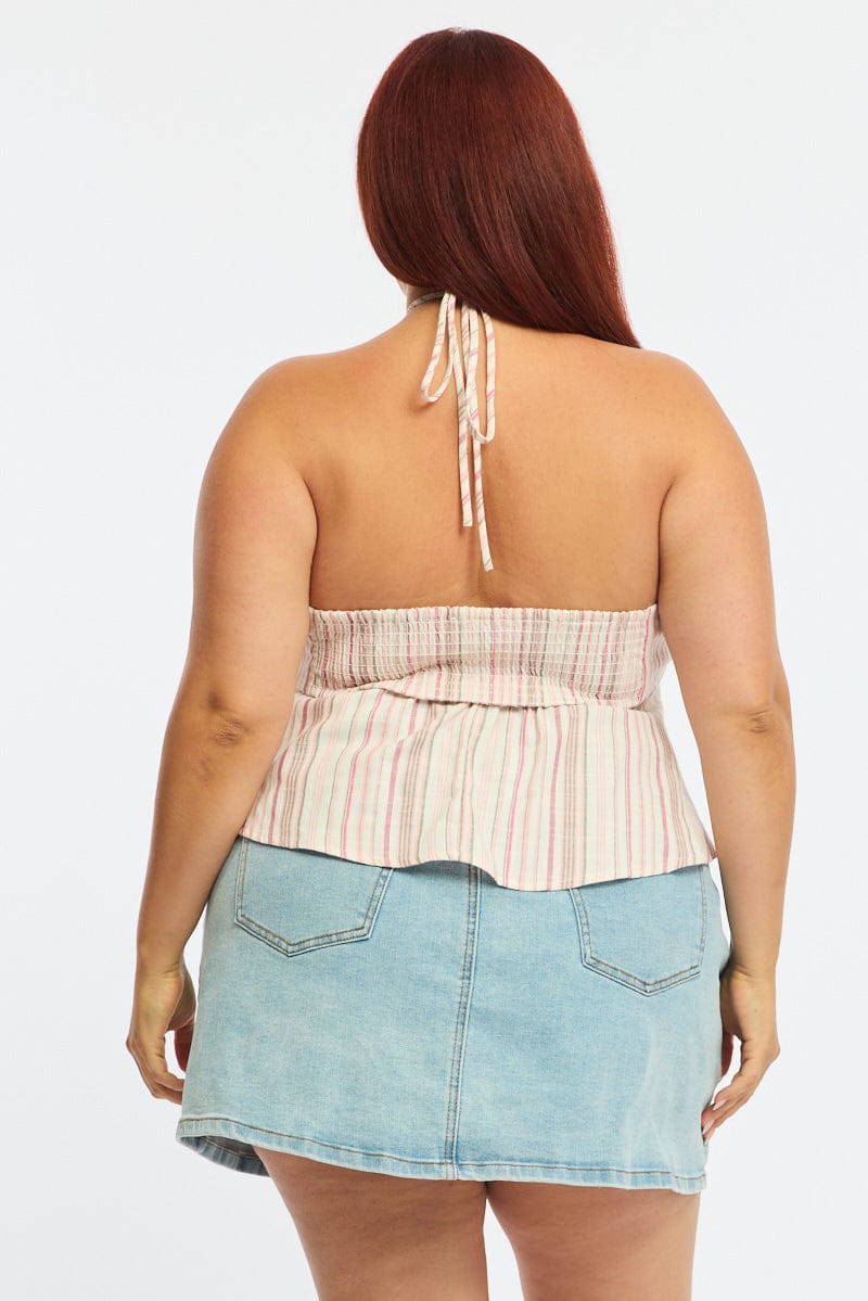 Pink Stripe Stripe Halter Top Sleeveless